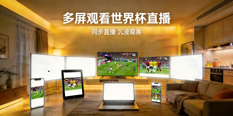 多屏观看世界杯直播的概念图 - 多个设备同时播放比赛